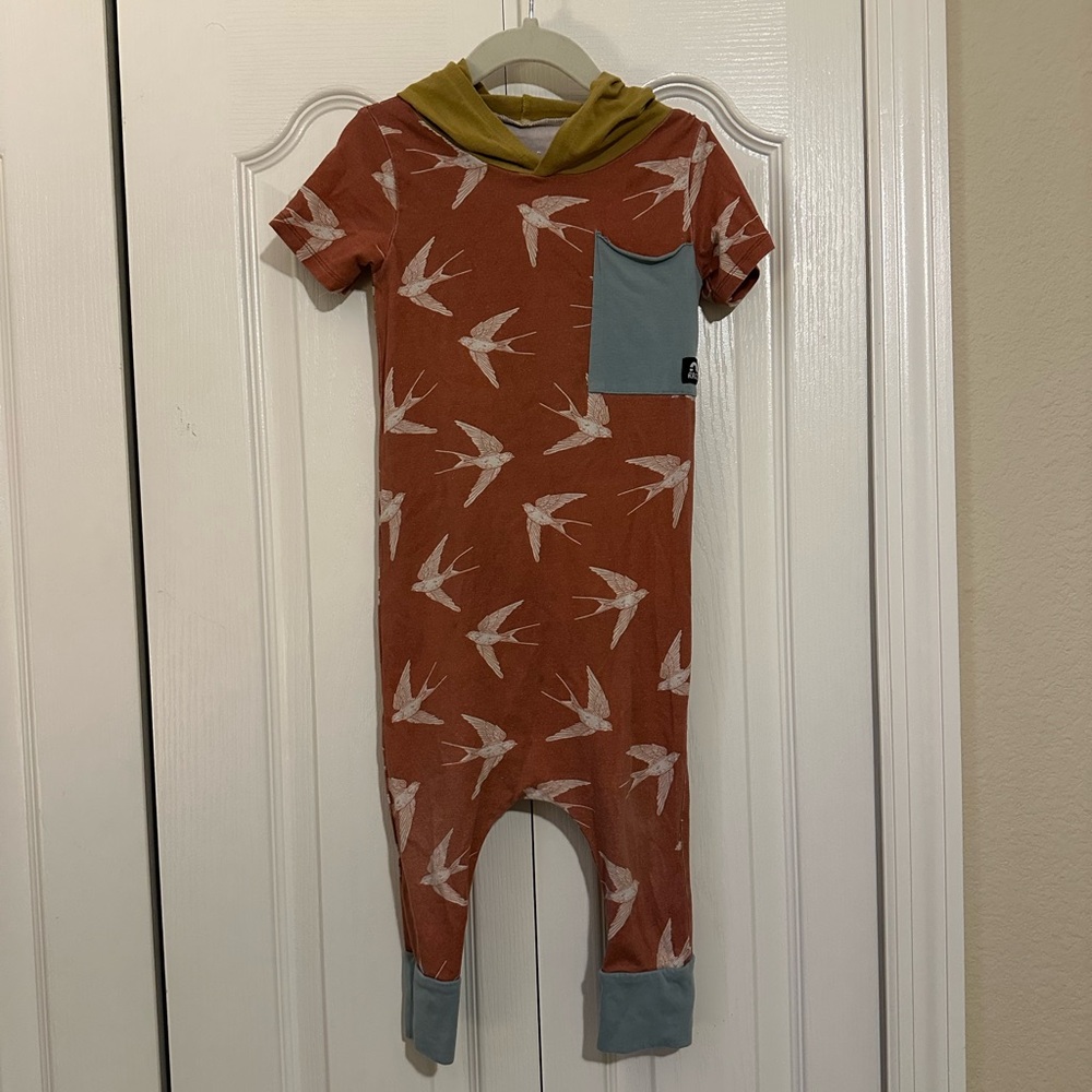 Rags to Raches Rust and Olive Bird Print Romper 2T